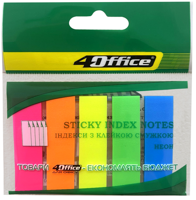 Закладки-стікери 12х45мм, 5кол. по 25арк, PP., неон, 4-444, 4Office